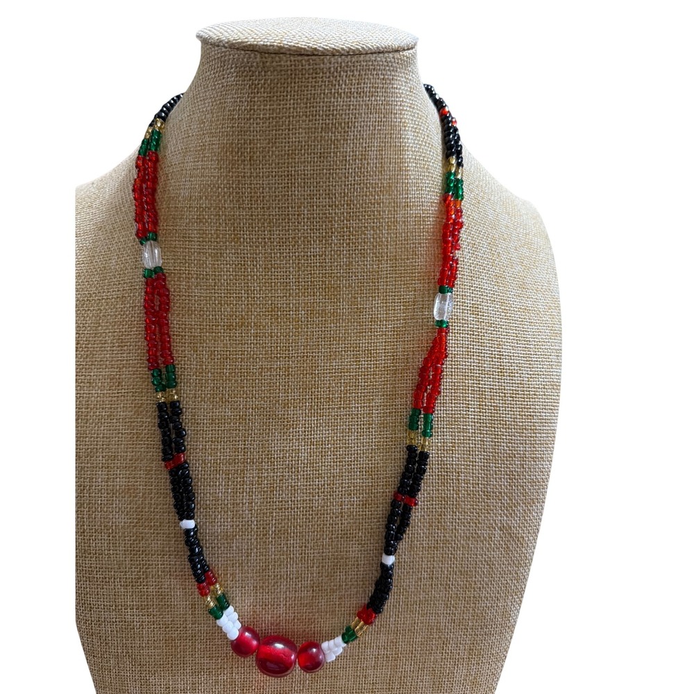 Handmade Multi Strand Seed Bead Necklace Red Black Green White Boho